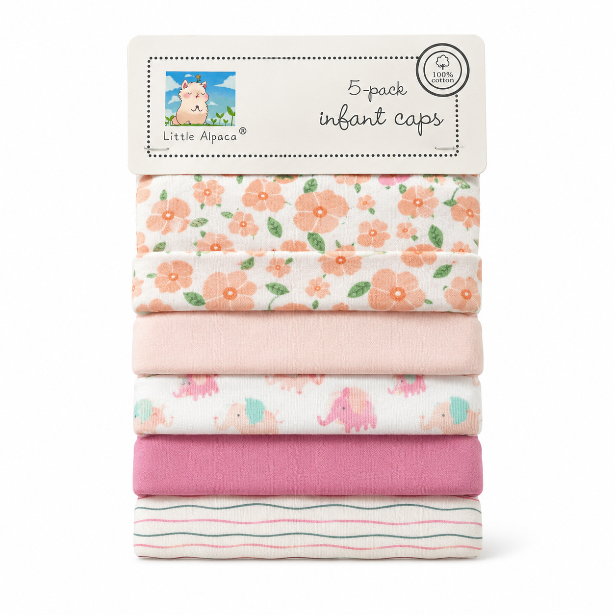 Set de 5 Gorritos para Bebé Little Alpaca Rosa Elefante y Líneas
