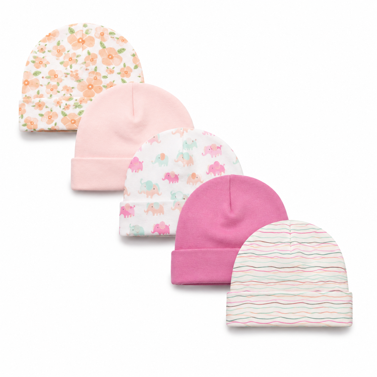 Set de 5 Gorritos para Bebé Little Alpaca Rosa Elefante y Líneas