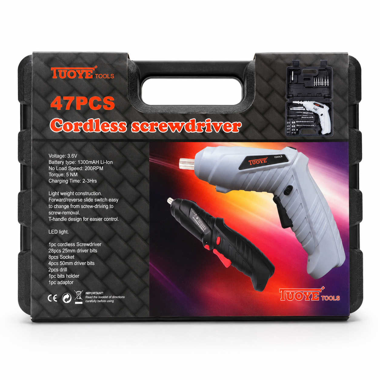 Taladro Atornillador Inalámbrico 3.6V con Maletín y Set de 47 Piezas