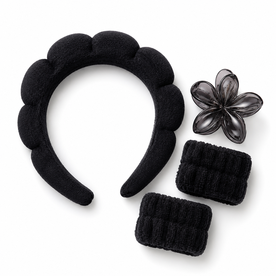 Set de Skincare con Cintillo, Muñequeras y Pinza Floral