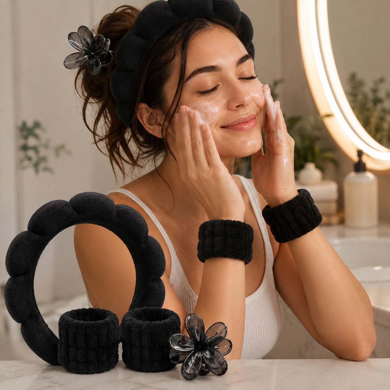 Set de Skincare con Cintillo, Muñequeras y Pinza Floral