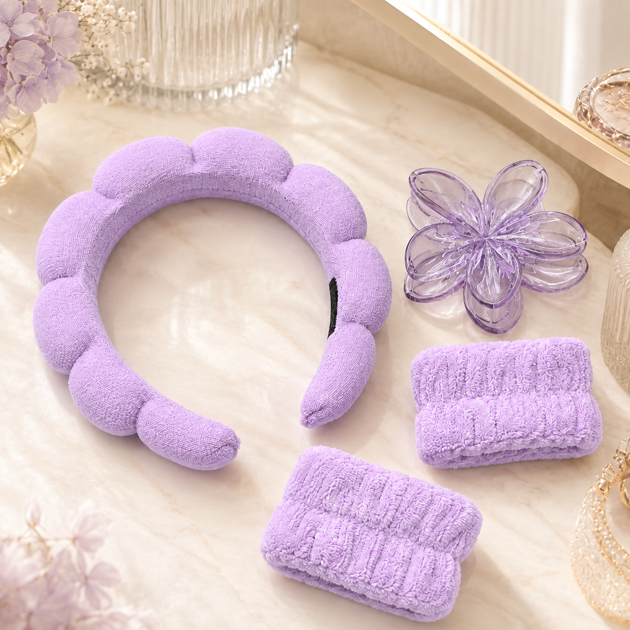 Set de Skincare con Cintillo, Muñequeras y Pinza Floral
