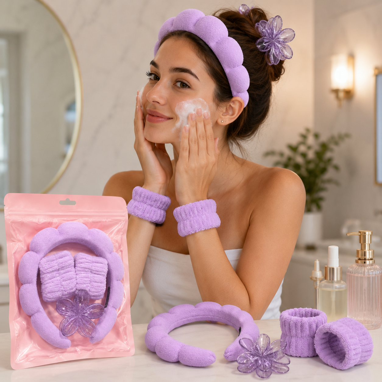 Set de Skincare con Cintillo, Muñequeras y Pinza Floral