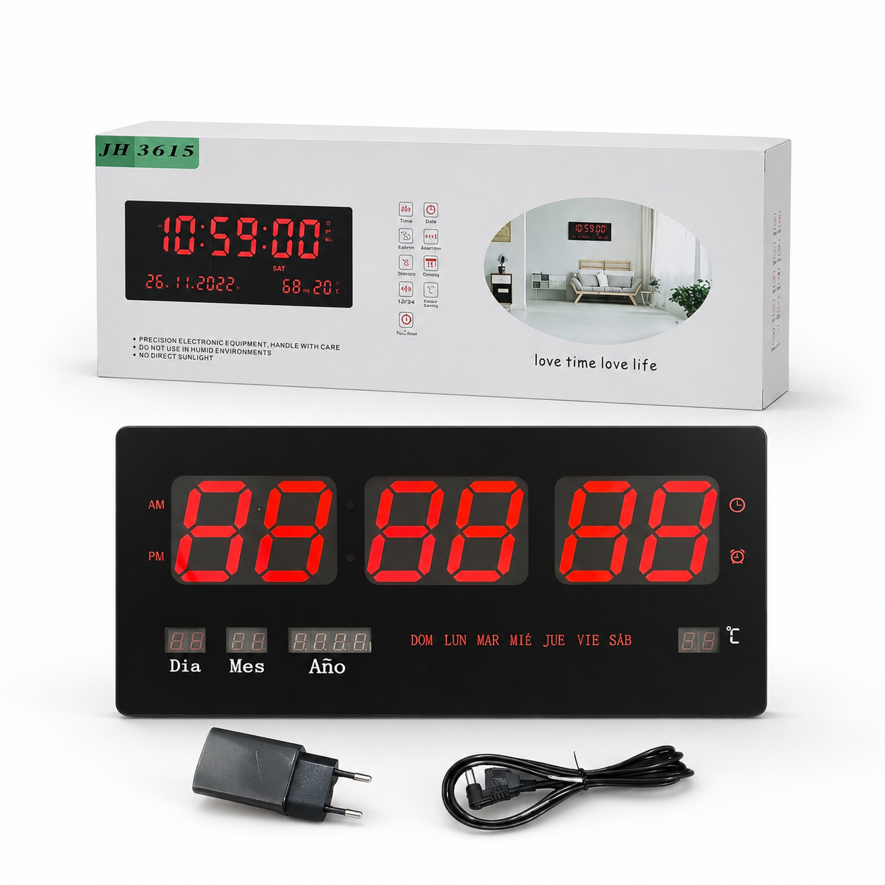 Reloj Digital De Pared Con Pantalla Led Modelo 3615 Estructura Negro - detalle del producto