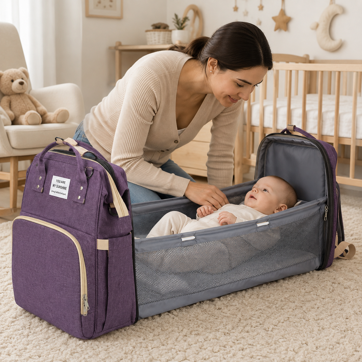 Bolso Pañalera Mochila con Cambiador Violeta