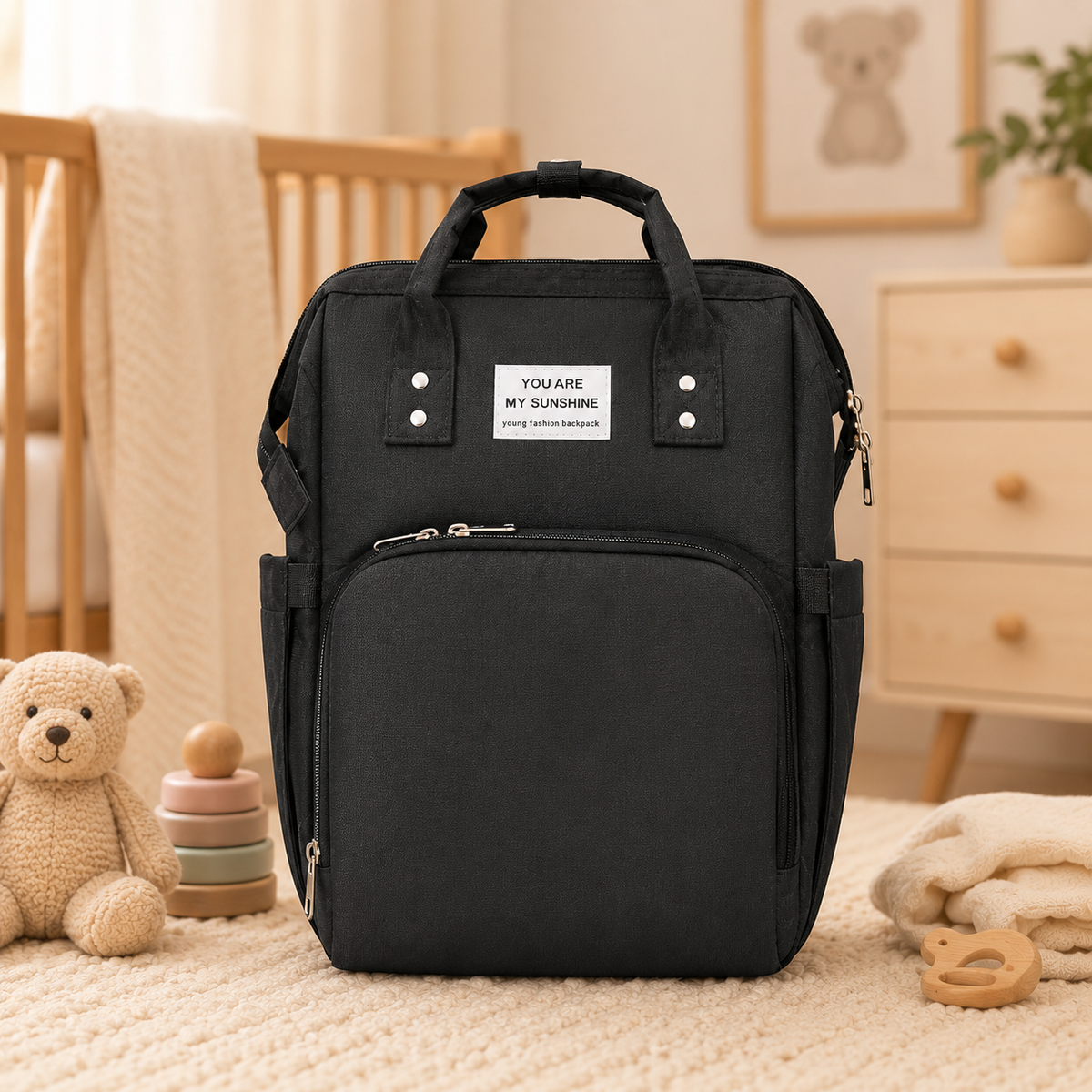 Bolso Pañalera Mochila con Cambiador Negro