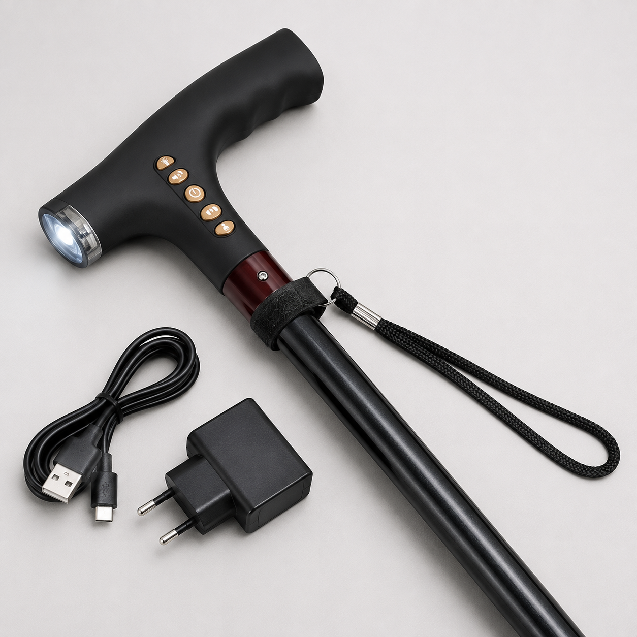 Bastón Ajustable Luz Led Linterna Alarma Radio Fm Mp3 Color Negro - detalle del producto