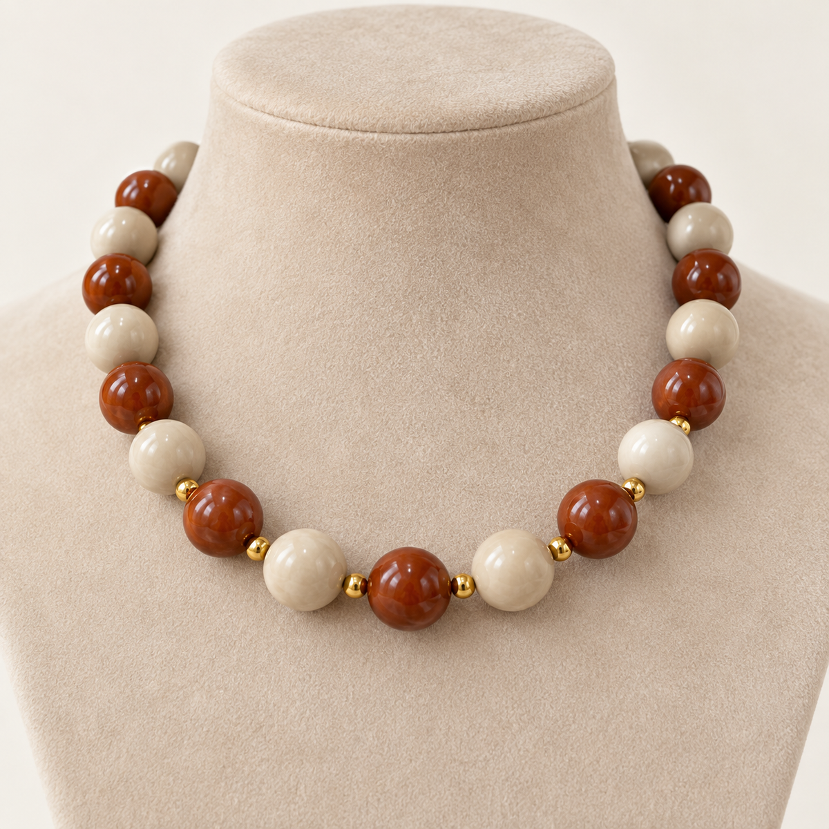 Collar Chicle Marrón y Beige con Detalles Dorados Ajustable