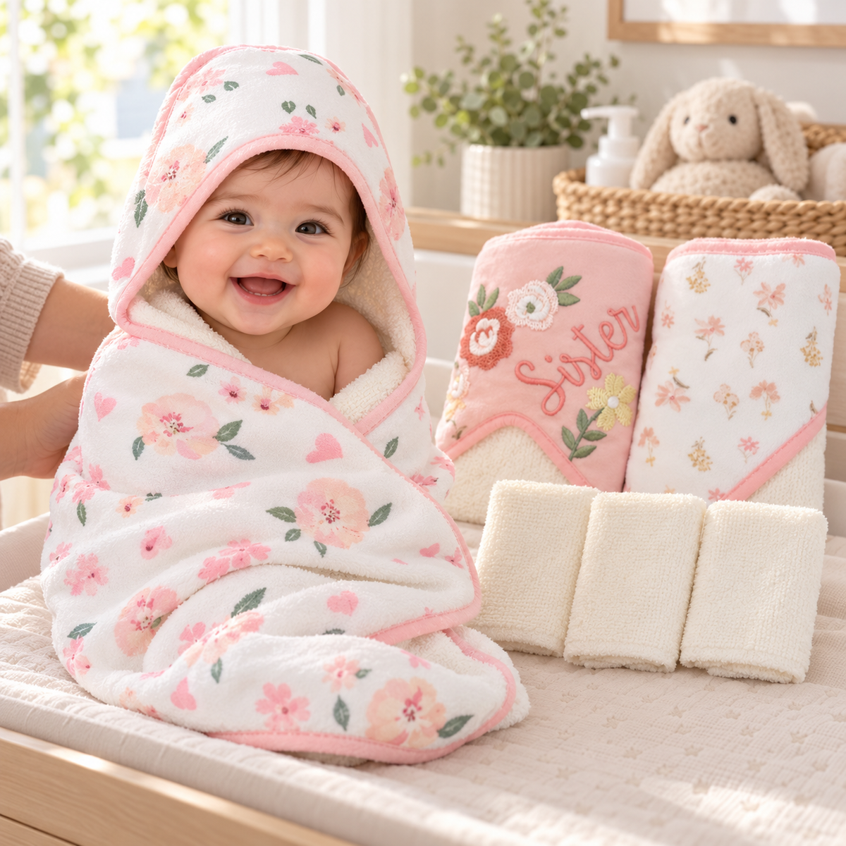 Set de Baño para Bebé Niña 3 Toallas con Capucha + 3 Mini Toallitas Beige Rosa