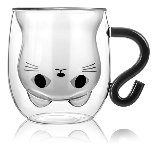 Taza De Vidrio De Doble Pared Bkinpid Cute Cat, Gato Negro