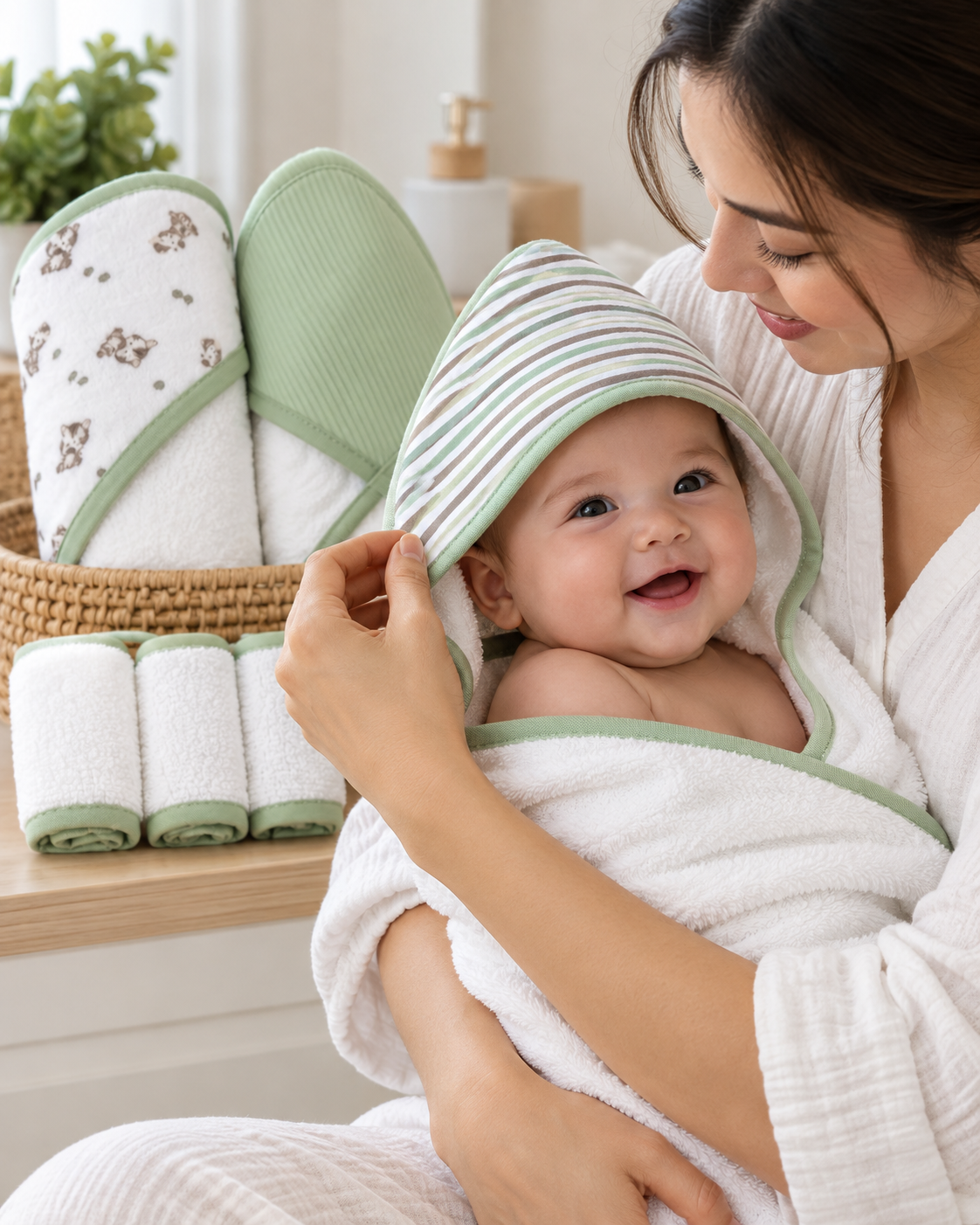 Set de Baño para Bebé Niño 3 Toallas con Capucha + 3 Mini Toallitas Verde Cebra
