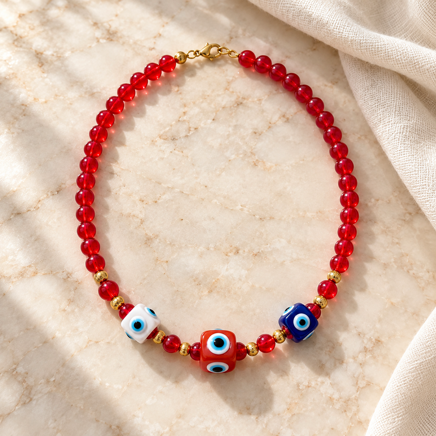 Collar Chicle Rojo de Cuentas Pequeñas con Ojos Turcos