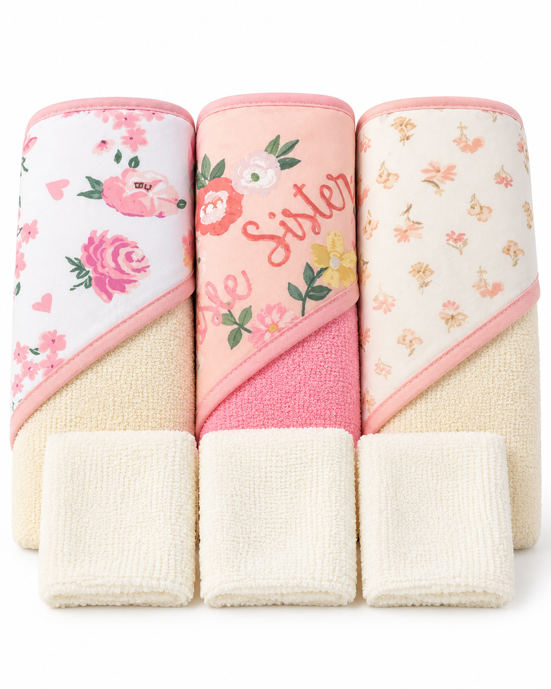 Set de Baño para Bebé Niña 3 Toallas con Capucha + 3 Mini Toallitas Beige Rosa