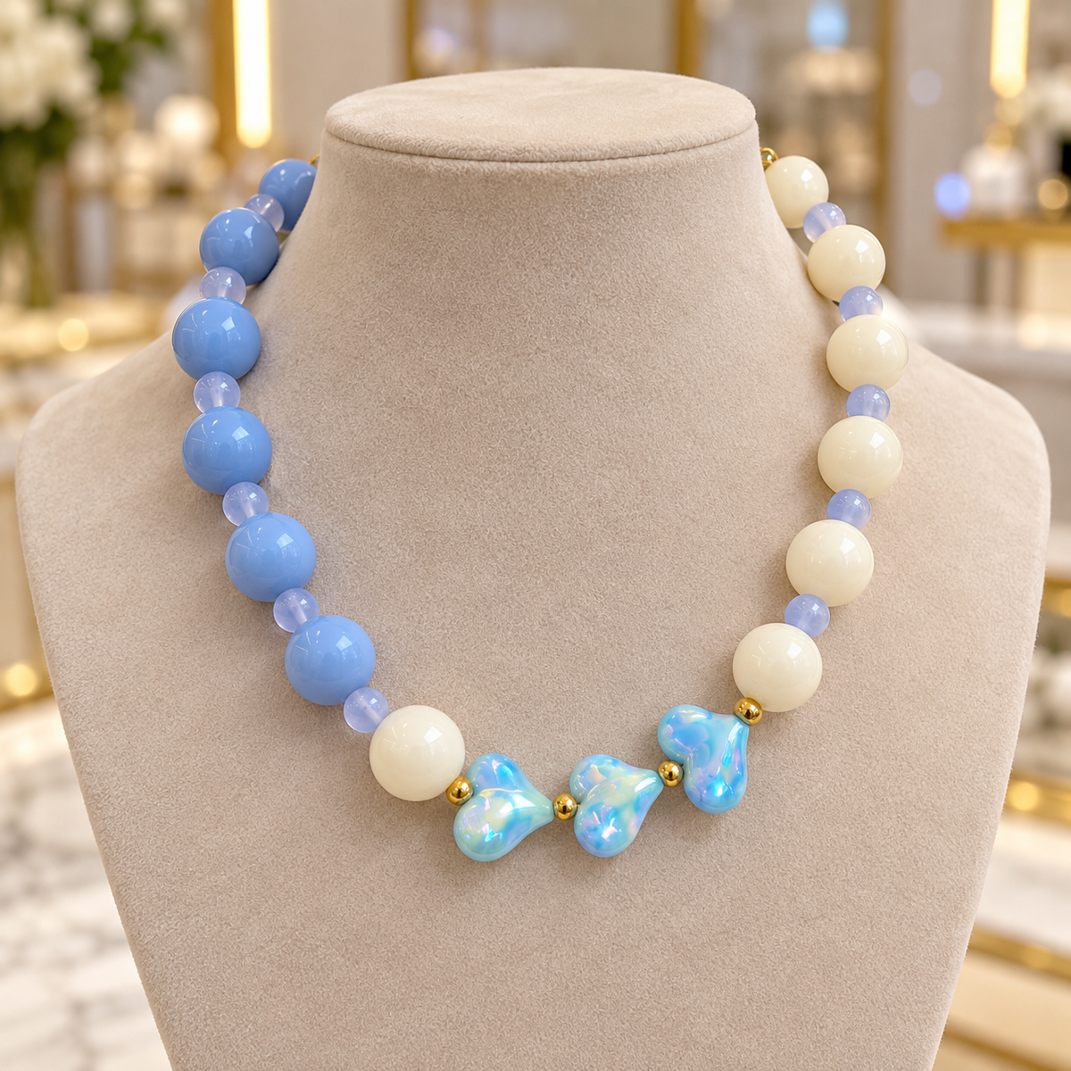 Collar Chicle Azul y Marfil con Corazones Tornasol