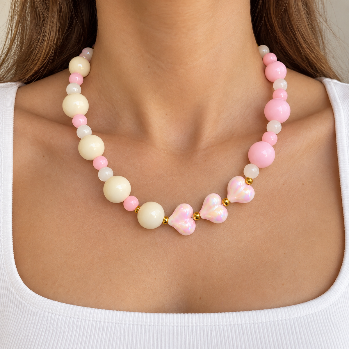 Collar Chicle Candy Love Rosa Pastel Y Corazones Nacarados