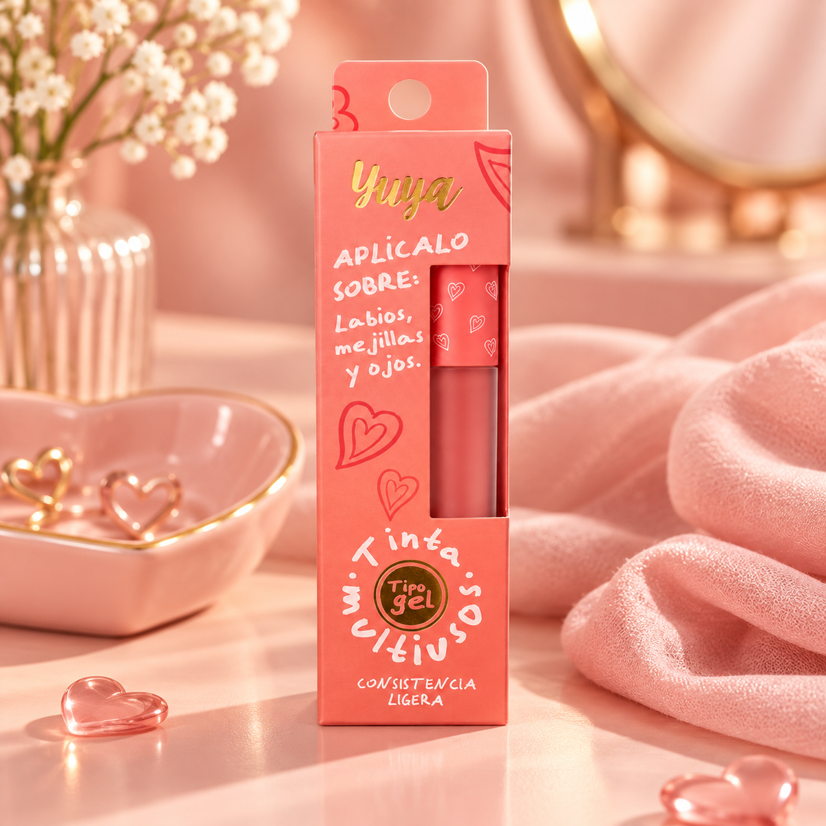 Tinta Multiuso Yuya Coral Corazón para Labios, Mejillas y Ojos
