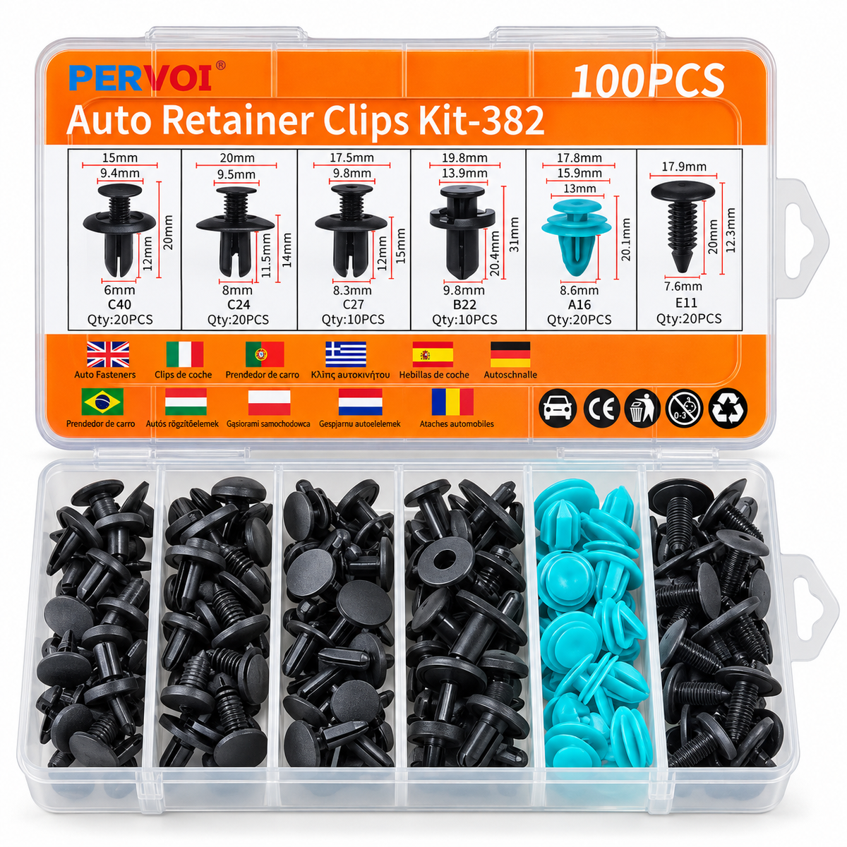 Kit de 100 Clips Retenedores para Auto 382