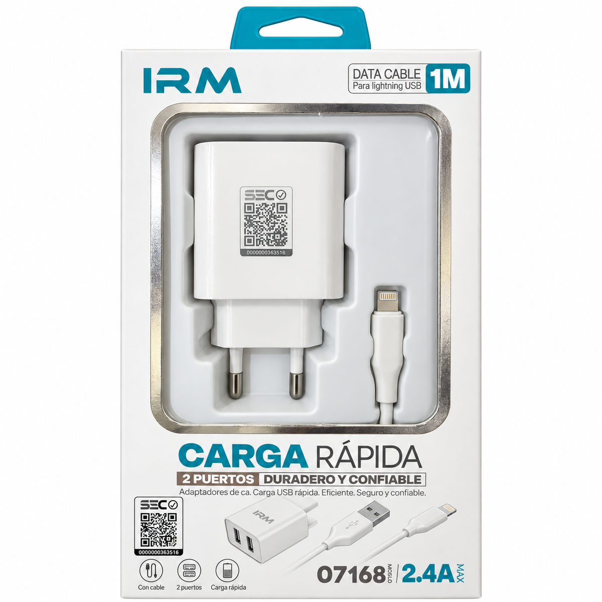 Cargador IRM 7168 de 2 Puertos con Cable 2.4A 1 m Negro