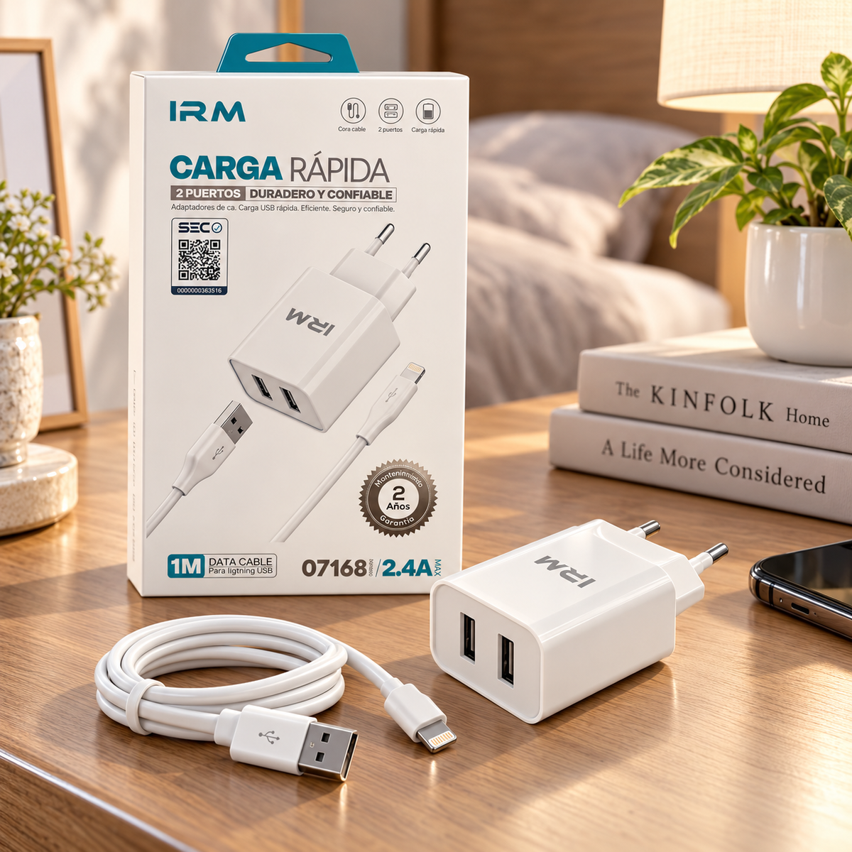 Cargador IRM 7168 de 2 Puertos con Cable 2.4A 1 m Negro