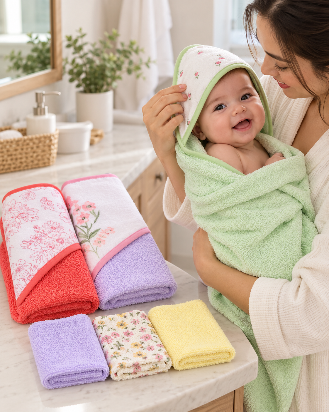 Set de Baño para Bebé Niña – 3 Toallas con Capucha + 3 Mini Toallitas Multicolor