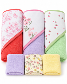Set de Baño para Bebé Niña – 3 Toallas con Capucha + 3 Mini Toallitas Multicolor