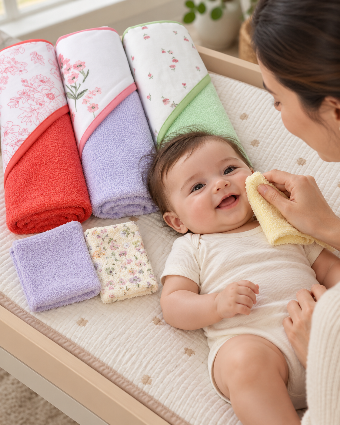 Set de Baño para Bebé Niña – 3 Toallas con Capucha + 3 Mini Toallitas Multicolor