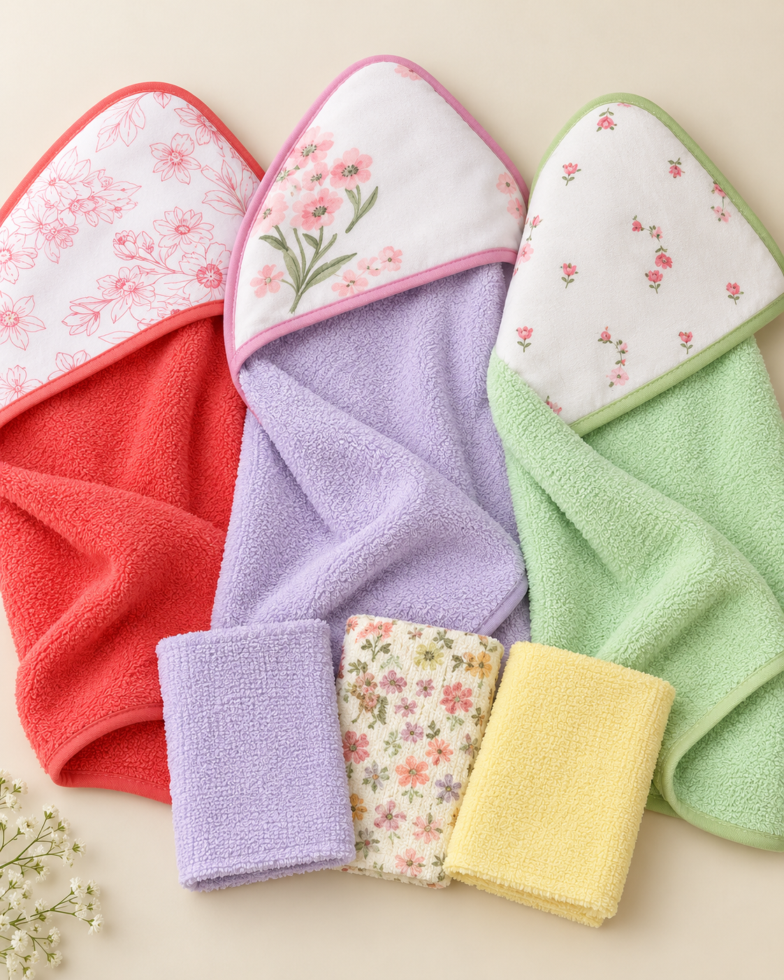 Set de Baño para Bebé Niña – 3 Toallas con Capucha + 3 Mini Toallitas Multicolor