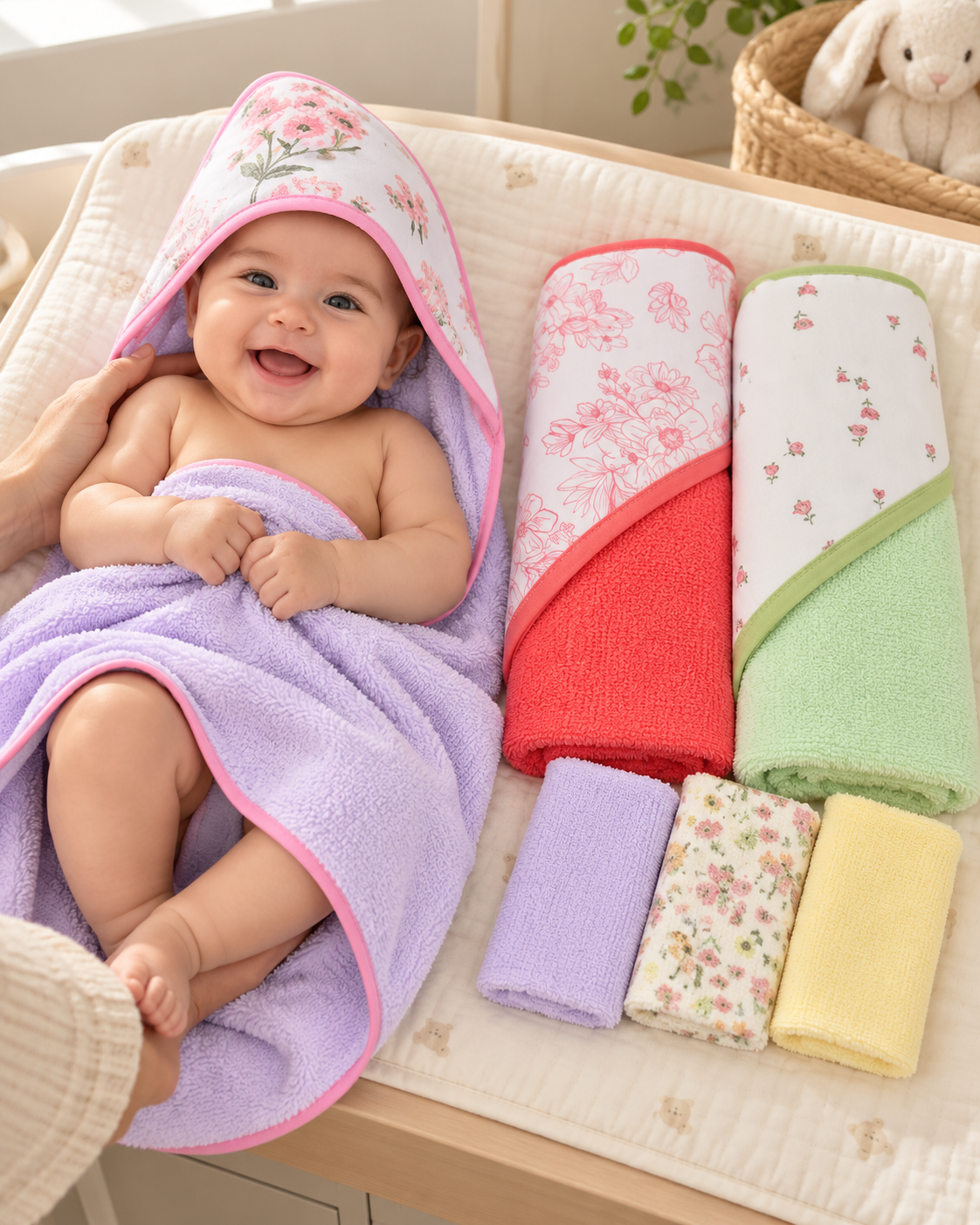 Set de Baño para Bebé Niña – 3 Toallas con Capucha + 3 Mini Toallitas Multicolor