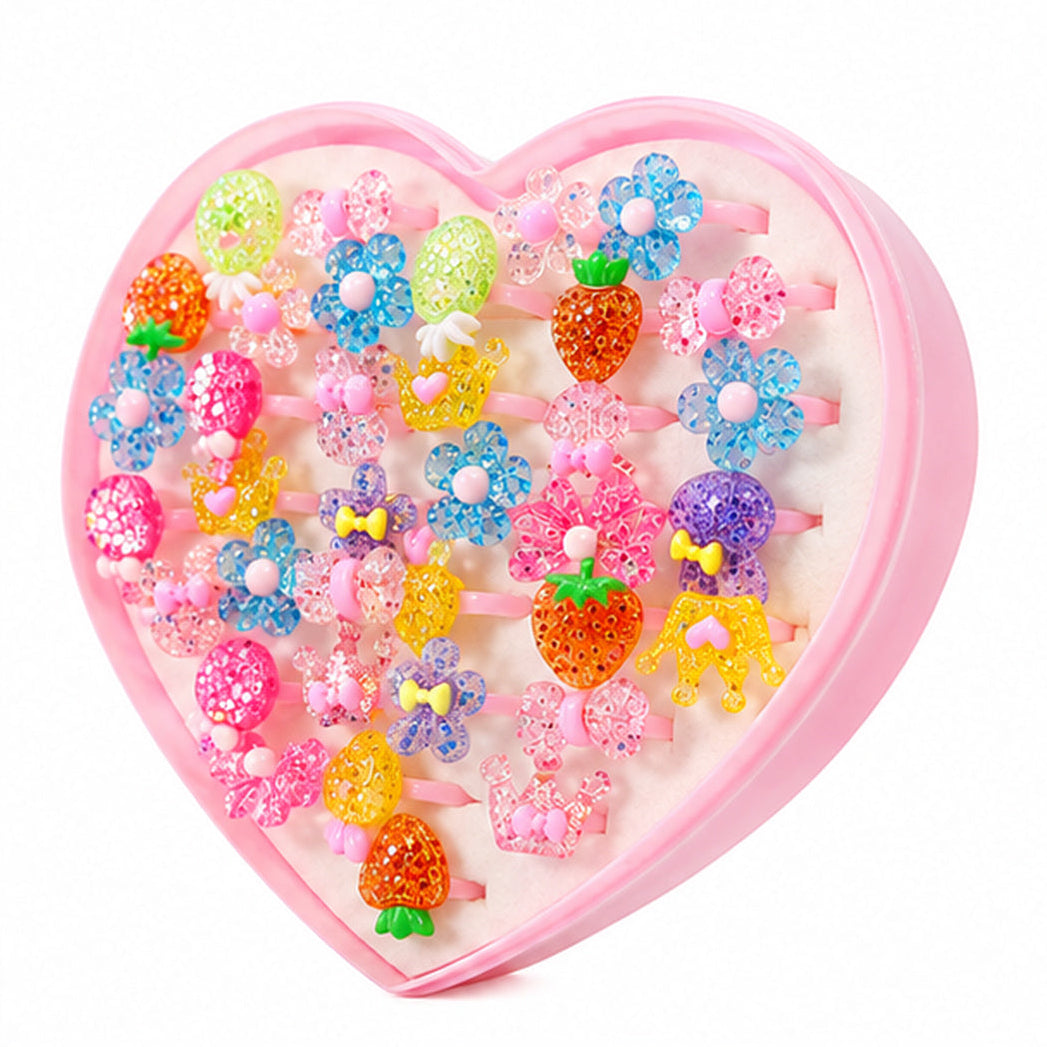 Set de 36 añillos Para Niñas Diseños Varios Caja de Corazon