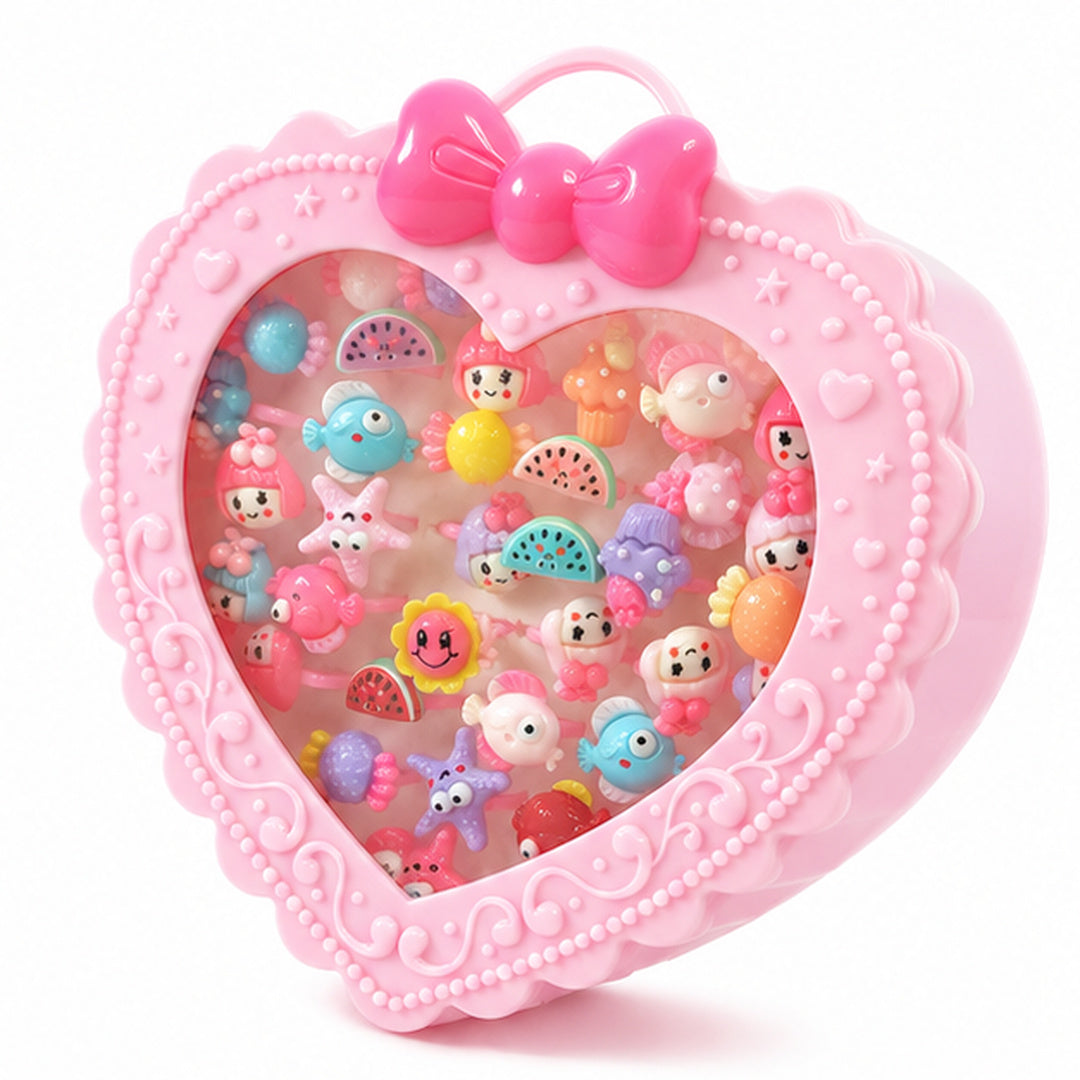 Set de 36 añillos Para Niñas Diseños Varios Caja de Corazon