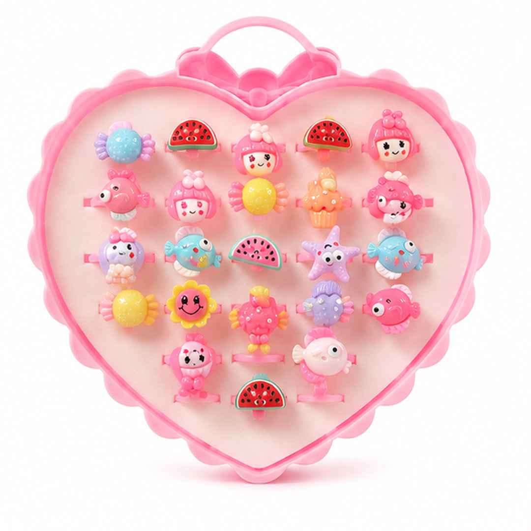 Set de 36 añillos Para Niñas Diseños Varios Caja de Corazon