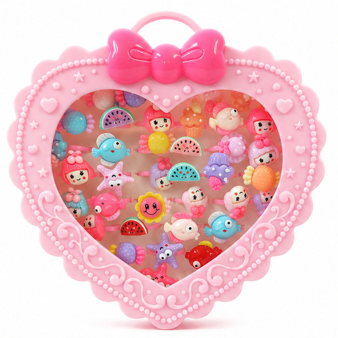 Set de 36 añillos Para Niñas Diseños Varios Caja de Corazon
