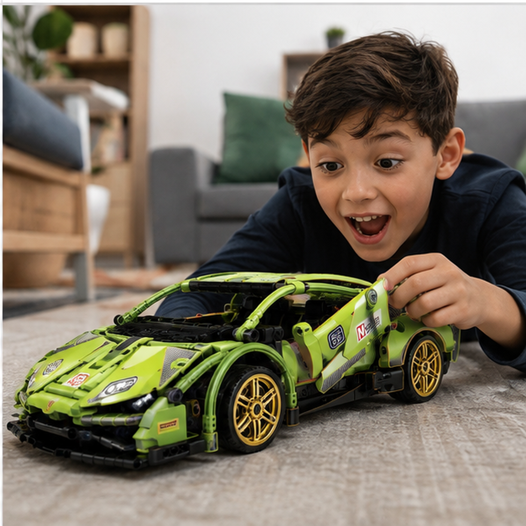 Auto Deportivo de Bloques Verde Neón – Modelo de Construcción Premium