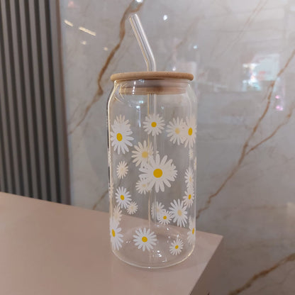 Vaso Lata de Vidrio Tapa Bambu con Sorbete Diseños Varios