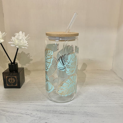 Vaso Lata de Vidrio Tapa Bambu con Sorbete Diseños Varios