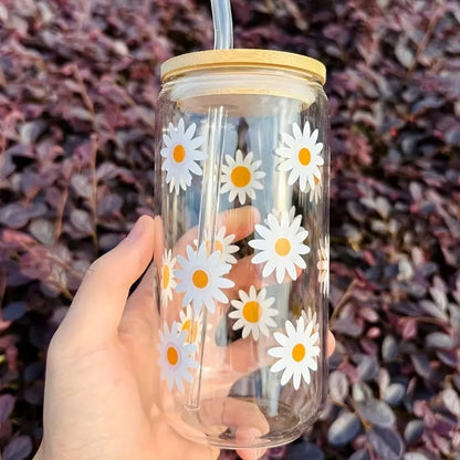 Vaso Lata de Vidrio Tapa Bambu con Sorbete Diseños Varios