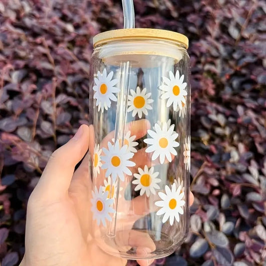 Vaso Lata de Vidrio Tapa Bambu con Sorbete Diseños Varios