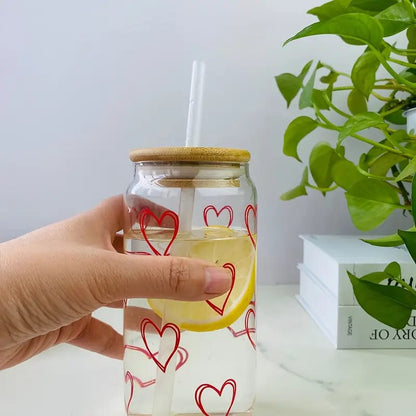 Vaso Lata de Vidrio Tapa Bambu con Sorbete Diseños Varios