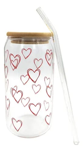 Vaso Lata de Vidrio Tapa Bambu con Sorbete Diseños Varios