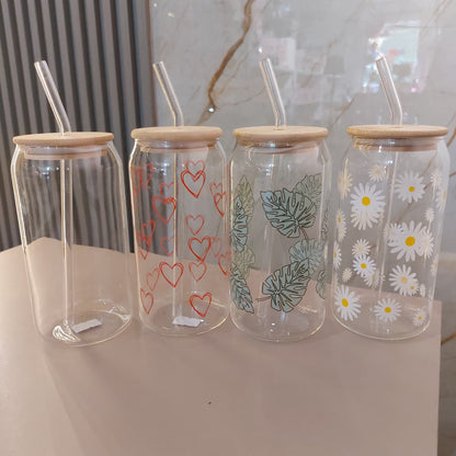 Vaso Lata de Vidrio Tapa Bambu con Sorbete Diseños Varios
