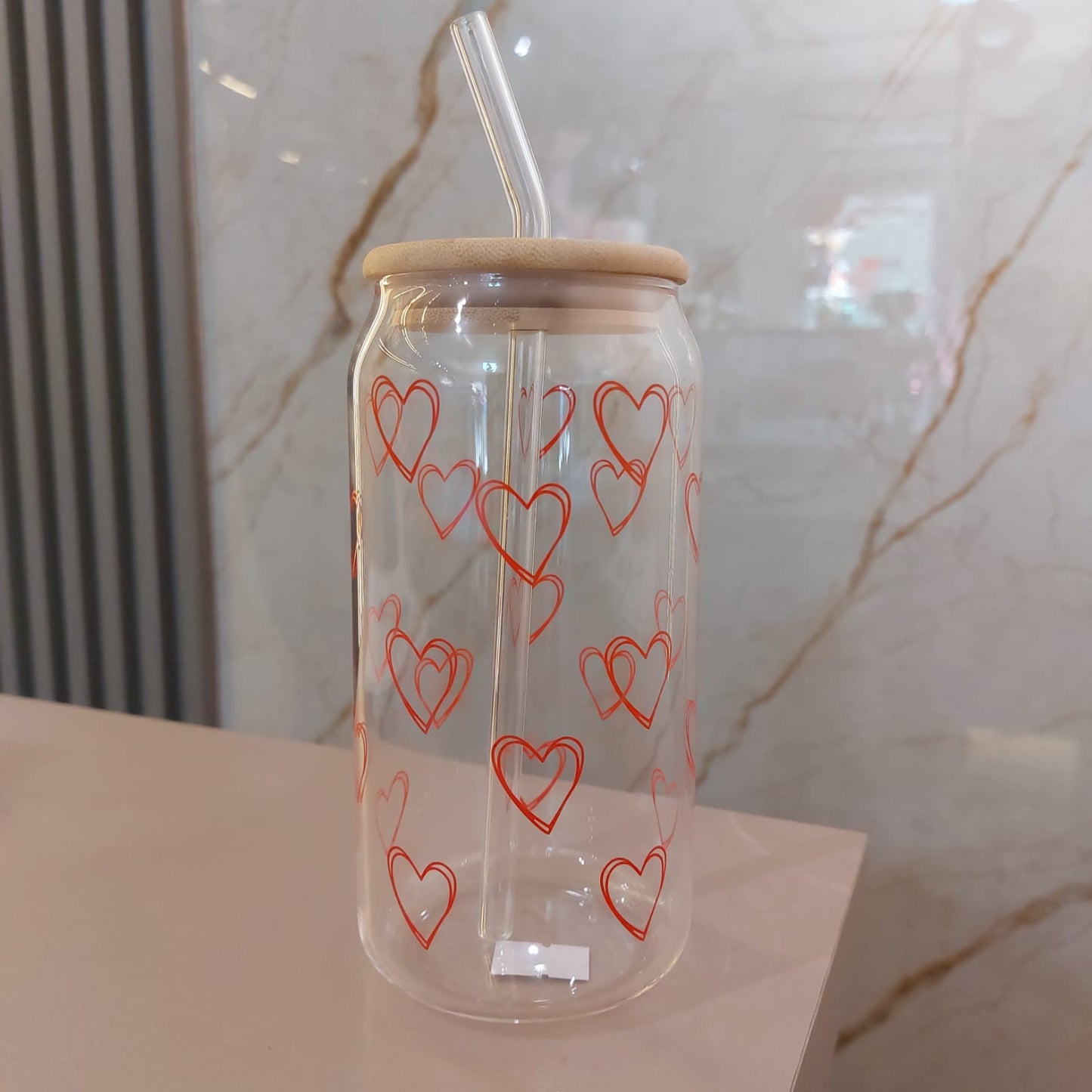 Vaso Lata de Vidrio Tapa Bambu con Sorbete Diseños Varios