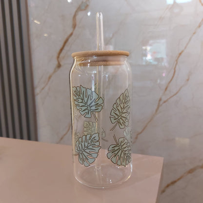 Vaso Lata de Vidrio Tapa Bambu con Sorbete Diseños Varios