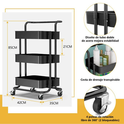 Carrito Organizador Metalico De 3 Niveles Con Ruedas